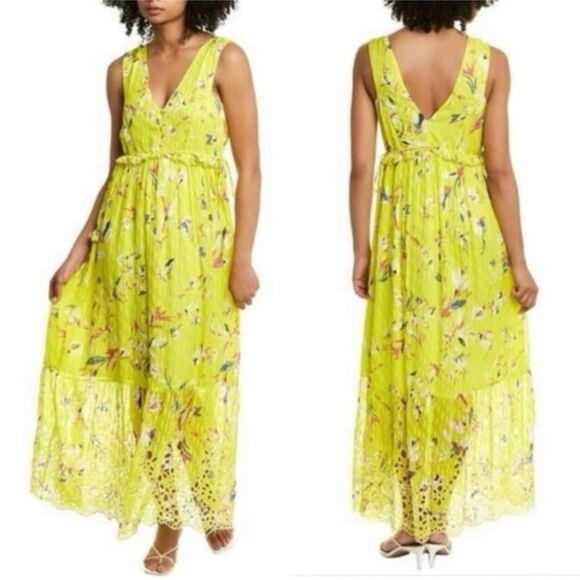 Tanya Taylor silk/cotton Yellow V-Neck Sleeveless Maxi  eyelet Sundress, US4 - Picture 2 of 14